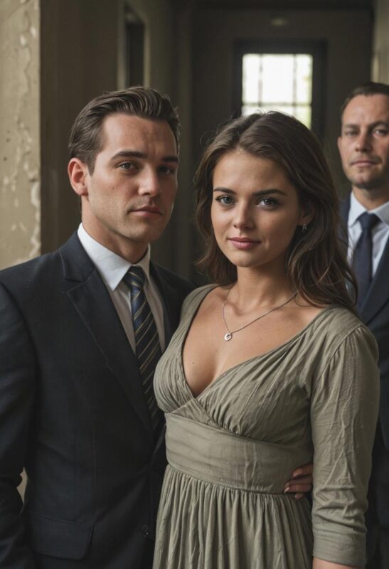 elegant woman watching lovers, soft focus, emotion of peace, polyamory symbolism, moonlit rooftop, cinematic